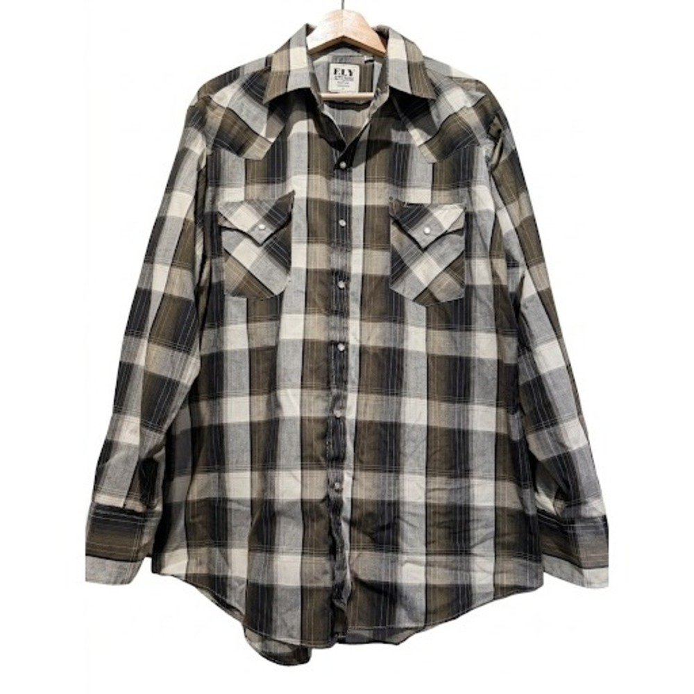 Ely Cattleman Mens Brown Grey Plaid Western Pearl Snap Shirt Large L Long Sleeve